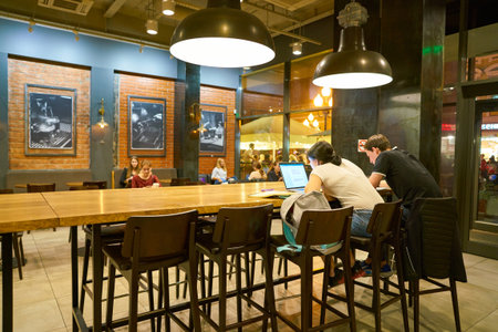 MOSCOW, RUSSIA - CIRCA OCTOBER, 2018: interior shot of a Starbucks in Moscow