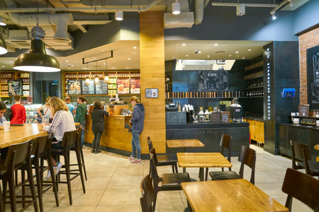 MOSCOW, RUSSIA - CIRCA OCTOBER, 2018: interior shot of a Starbucks coffeeshop in Moscow.のeditorial素材
