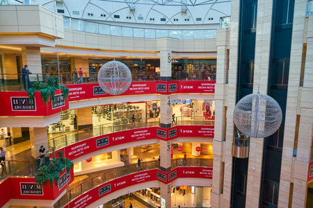 MOSCOW, RUSSIA - CIRCA SEPTEMBER, 2018: interior shot of Afimall shopping center at Moscow City.のeditorial素材