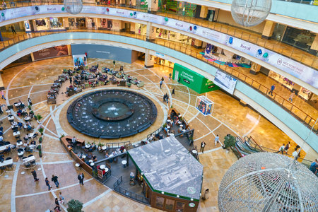 MOSCOW, RUSSIA - CIRCA SEPTEMBER, 2018: interior shot of Afimall shopping center at Moscow City.