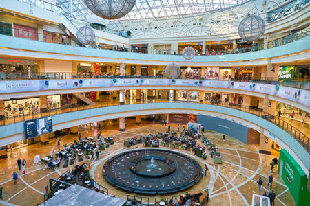 MOSCOW, RUSSIA - CIRCA SEPTEMBER, 2018: interior shot of Afimall shopping center at Moscow City.のeditorial素材