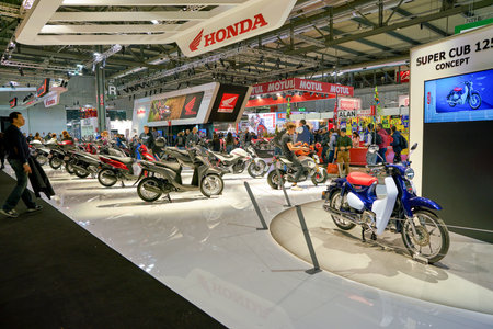 MILAN, ITALY - NOVEMBER 11, 2017: scooters on display at EICMA 2017 - 75th International Motorcycle Exhibition.のeditorial素材