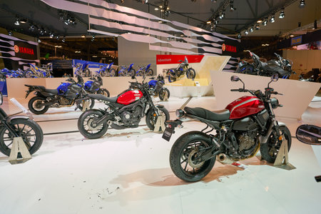 MILAN, ITALY - NOVEMBER 11, 2017: Yamaha motorcycles on display at EICMA 2017 - 75th International...
