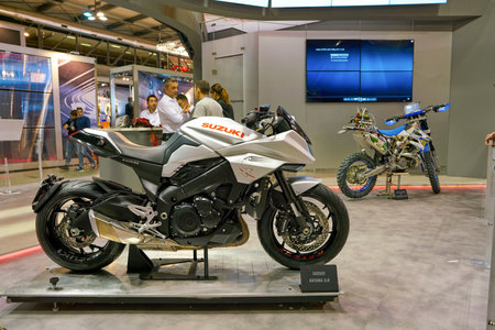 MILAN, ITALY - NOVEMBER 11, 2017: Suzuki motorcycles on display at EICMA 2017 - 75th International...