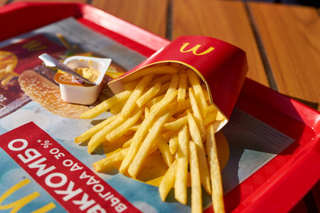 KALININGRAD, RUSSIA - CIRCA SEPTEMBER, 2018: food served on tray at McDonald's restaurant.