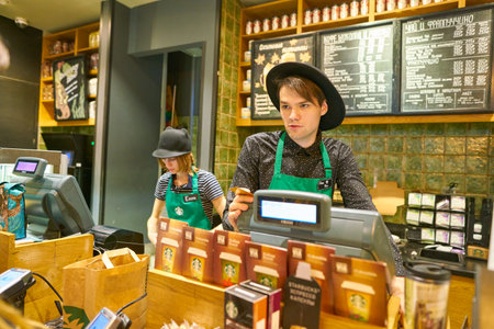 MOSCOW, RUSSIA - CIRCA OCTOBER, 2018: staff at Starbucks in Moscow.