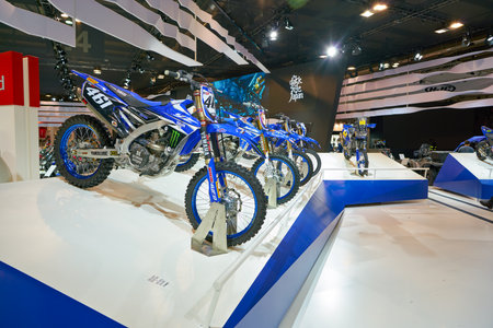 MILAN, ITALY - NOVEMBER 11, 2017: Yamaha motorcycles on display at EICMA 2017 - 75th International...