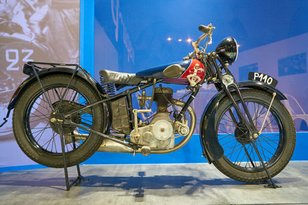 MILAN, ITALY - NOVEMBER 11, 2017: Peugeot P110 215cc motorcycle is displayed at EICMA 2017 - 75th...