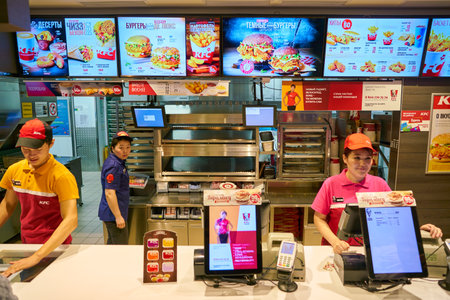 MOSCOW, RUSSIA - CIRCA SEPTEMBER, 2018: counter service in KFC restaurant. KFC is an American fast...