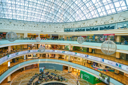 MOSCOW, RUSSIA - CIRCA SEPTEMBER, 2018: interior shot of Afimall shopping center at Moscow City.