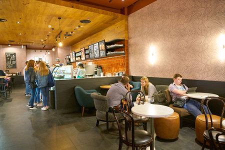 MOSCOW, RUSSIA - CIRCA OCTOBER, 2018: interior shot of a Starbucks in Moscowのeditorial素材