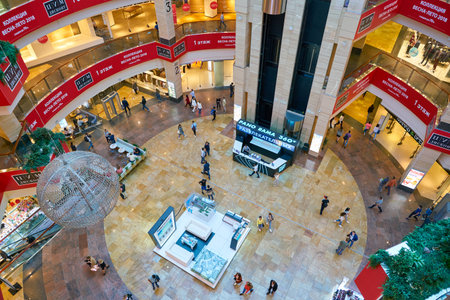 MOSCOW, RUSSIA - CIRCA SEPTEMBER, 2018: interior shot of Afimall shopping center at Moscow City.