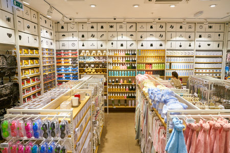 MOSCOW, RUSSIA - SEPTEMBER 20, 2018: interior shot of Miniso shop. Miniso is a Chinese low-cost...