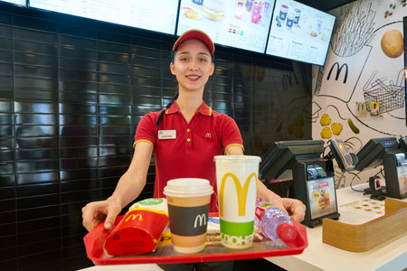 KALININGRAD, RUSSIA - CIRCA SEPTEMBER, 2018: worker with food served on a tray in McDonald's...