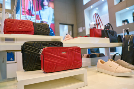 MOSCOW, RUSSIA - CIRCA SEPTEMBER, 2018: bags on display at DKNY shop in Moscow.