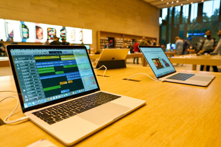 DUSSELDORF, GERMANY - CIRCA SEPTEMBER, 2018: MacBook Pro on display at Apple store in Dusseldorf.のeditorial素材