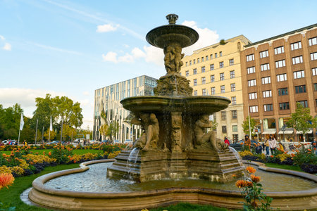 DUSSELDORF, GERMANY - CIRCA SEPTEMBER, 2018: fountain at Konigsallee in Dusseldorf.のeditorial素材