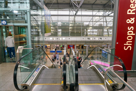 DUSSELDORF, GERMANY - CIRCA SEPTEMBER, 2018: escalators in Dusseldorf airport.のeditorial素材
