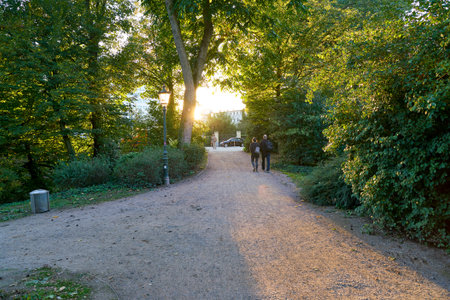 DUSSELDORF, GERMANY - CIRCA SEPTEMBER, 2018: a park in Dusseldorf in the evening.のeditorial素材