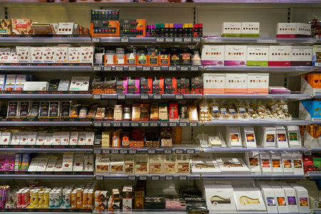 DUSSELDORF, GERMANY - CIRCA SEPTEMBER, 2018: interior shot of Zurheide supermarket in Dusseldorf.のeditorial素材