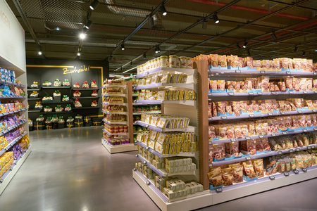 DUSSELDORF, GERMANY - CIRCA SEPTEMBER, 2018: interior shot of Zurheide supermarket in Dusseldorf.