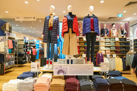 MOSCOW, RUSSIA - CIRCA SEPTEMBER, 2018: interior shot of Uniqlo store in Moscow. Uniqlo Co. Ltd is a...