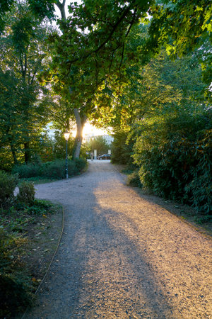 DUSSELDORF, GERMANY - CIRCA SEPTEMBER, 2018: a park in Dusseldorf in the evening.のeditorial素材