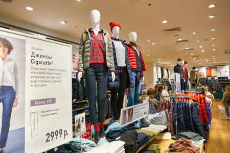 MOSCOW, RUSSIA - CIRCA SEPTEMBER, 2018: interior shot of Uniqlo store in Moscow. Uniqlo Co. Ltd is a...