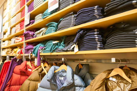 MOSCOW, RUSSIA - CIRCA SEPTEMBER, 2018: clothing on display at Uniqlo store in Moscow. Uniqlo Co....