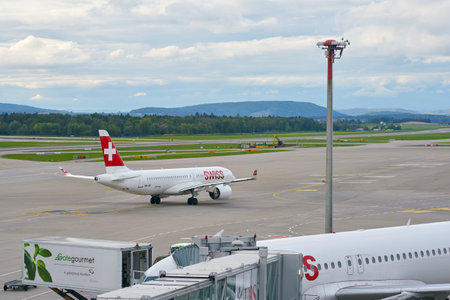 ZURICH, SWITZERLAND - CIRCA OCTOBER, 2018: Swiss International Air Lines aircraft taxiing at Zurich International Airport.のeditorial素材