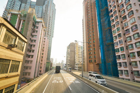 HONG KONG, CHINA - CIRCA JANUARY, 2019: view seen from second deck of double-decker bus in Hong Kong in the daytime.のeditorial素材