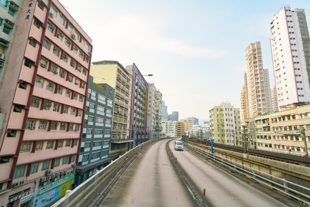 HONG KONG, CHINA - CIRCA JANUARY, 2019: view seen from second deck of double-decker bus in Hong Kong in the daytime.のeditorial素材