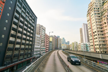 HONG KONG, CHINA - CIRCA JANUARY, 2019: view seen from second deck of double-decker bus in Hong Kong in the daytime.のeditorial素材