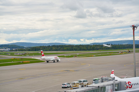 ZURICH, SWITZERLAND - CIRCA OCTOBER, 2018: Swiss aircraft seen at Zurich International Airport.のeditorial素材