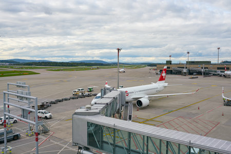 ZURICH, SWITZERLAND - CIRCA OCTOBER, 2018: Swiss International Air Lines aircraft taxiing at Zurich International Airport.のeditorial素材