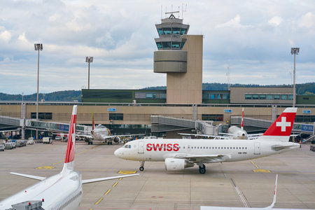ZURICH, SWITZERLAND - CIRCA OCTOBER, 2018: Swiss International Air Lines aircraft taxiing at Zurich International Airport.のeditorial素材