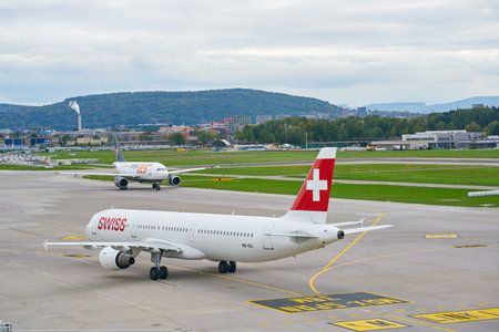 ZURICH, SWITZERLAND - CIRCA OCTOBER, 2018: Swiss International Air Lines aircraft taxiing at Zurich International Airport.のeditorial素材