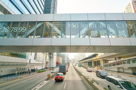 HONG KONG, CHINA - CIRCA JANUARY, 2019: view seen from second deck of double-decker bus in Hong Kong in the daytime.のeditorial素材