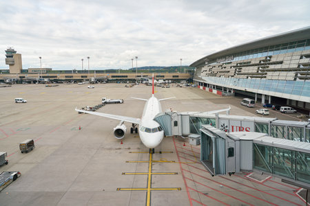 ZURICH, SWITZERLAND - CIRCA OCTOBER, 2018: an aircraft on tarmac in Zurich International Airport.のeditorial素材