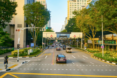 SINGAPORE - APRIL 04, 2019: Singapore urban landscape seen from second deck of double-decker bus.