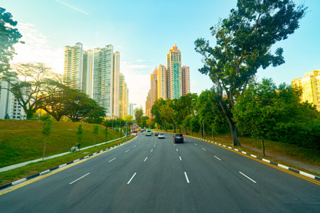 SINGAPORE - APRIL 04, 2019: Singapore urban landscape seen from second deck of double-decker bus.