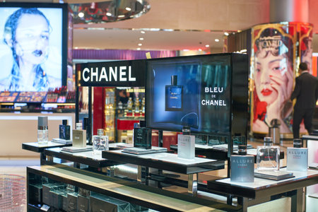 DUBAI, UAE - CIRCA FEBRUARY, 2019: perfumes on display in Duty Free at Dubai International Airport.