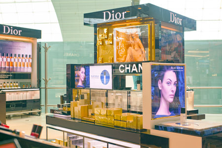 DUBAI, UAE - CIRCA FEBRUARY, 2019: perfumes and cosmetics products on display at Dubai International Airport.のeditorial素材