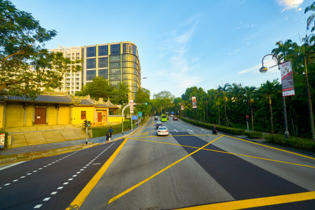 SINGAPORE - APRIL 04, 2019: Singapore urban landscape seen from second deck of double-decker bus.