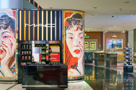 DUBAI, UAE - CIRCA FEBRUARY, 2019: MAC cosmetics on display in Dubai Duty Free.のeditorial素材