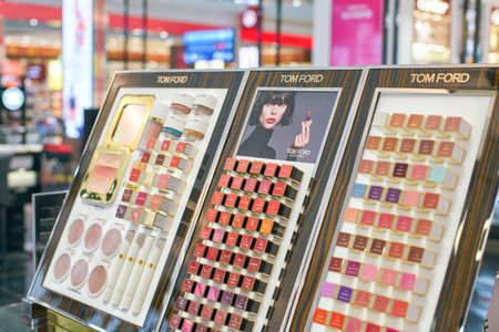 DUBAI, UAE - CIRCA FEBRUARY, 2019: Tom Ford makeup products on display at Dubai International...