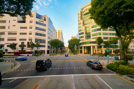 SINGAPORE - APRIL 04, 2019: Singapore urban landscape seen from second deck of double-decker bus.