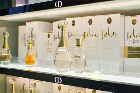 DUBAI, UAE - CIRCA FEBRUARY, 2019: perfumes on display in Duty Free at Dubai International Airport.のeditorial素材