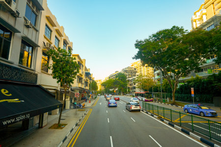 SINGAPORE - APRIL 04, 2019: Singapore urban landscape seen from second deck of double-decker bus.のeditorial素材