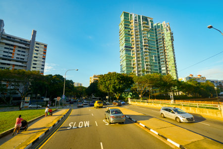 SINGAPORE - APRIL 04, 2019: Singapore urban landscape seen from second deck of double-decker bus.のeditorial素材